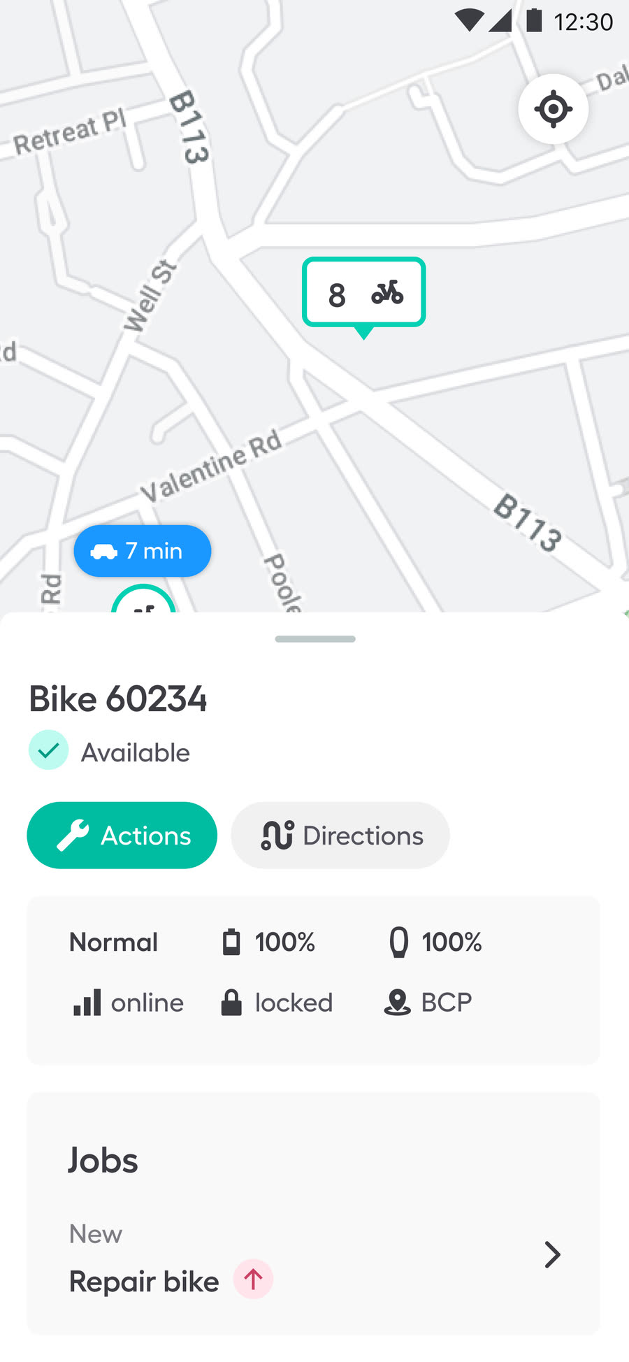 User selects a bike on the map to reveal bike info, then selects the job assigned to that bike