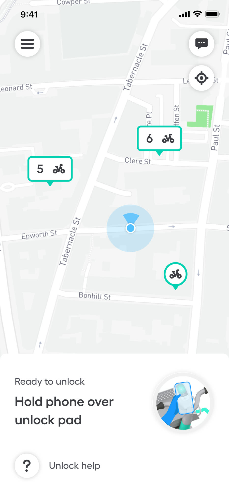 User taps unlock help button and clicks 'unlock with bike ID' from the menu