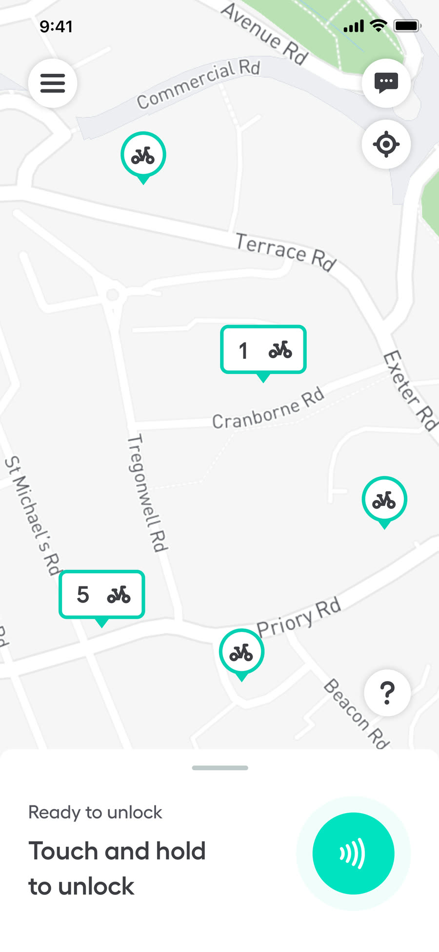 User taps unlock help round button on the map card, selects numeric code unlocking from menu