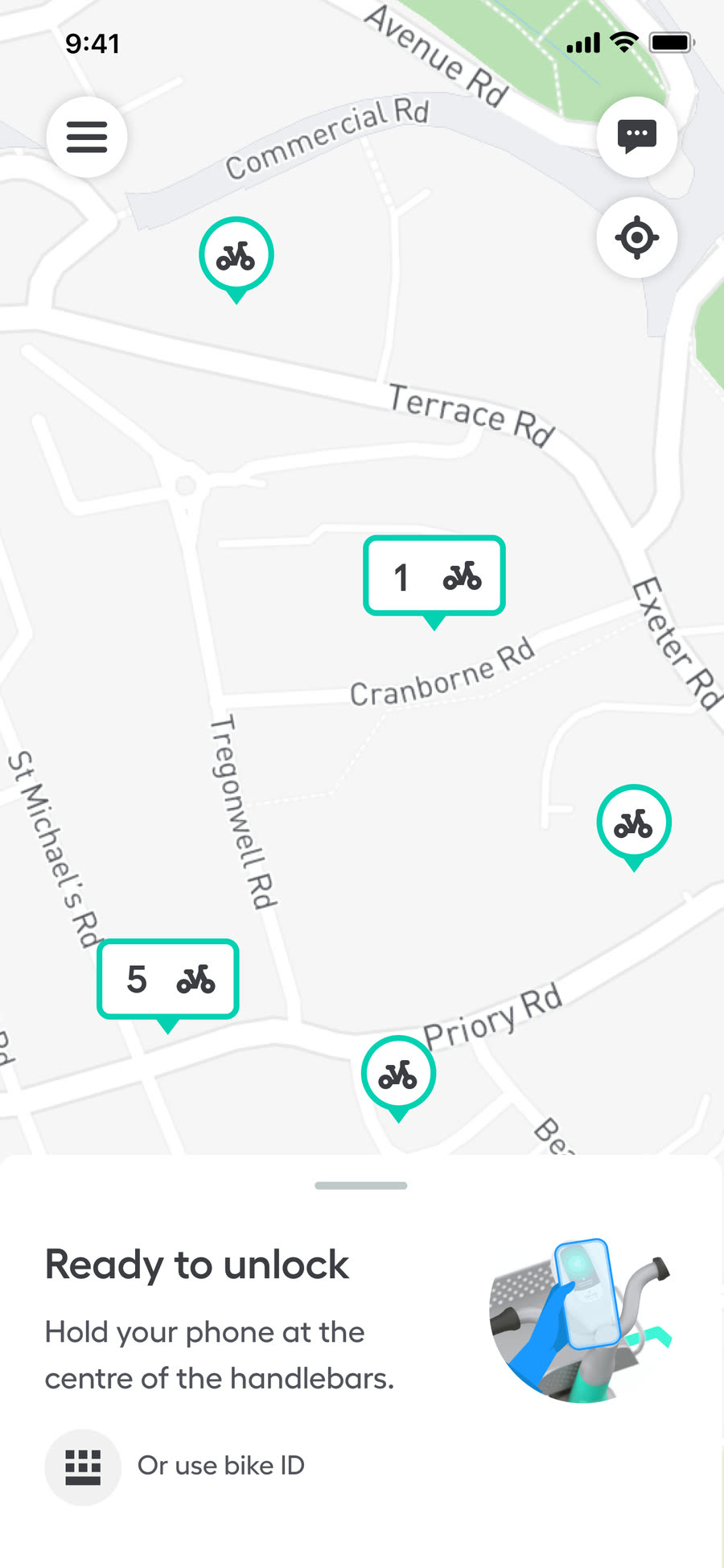 User taps enter bike ID button on map card to access numeric code unlock